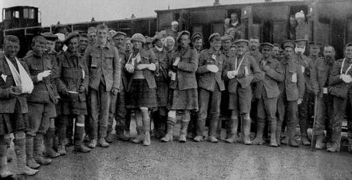 Loos casualties. The luckier few - the walking wounded. Casualties were enormous.