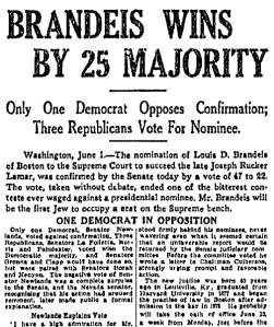 Boston newspaper greets Brandeis's eventual confirmation.