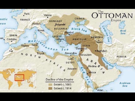 Map of Ottoman Empire shows the land mass around 1914 extending across the Middle East