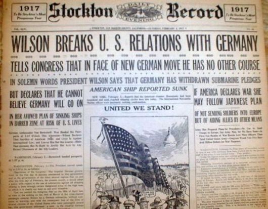 The Stockton Record's front coverage of Wilson's decision to break with Germany. Note the mention of one American ship reported sunk.