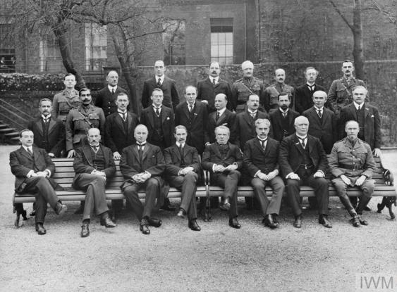 THE IMPERIAL WAR CABINET, 1 MAY 1917. (HU 81394) Group photograph of the Imperial War Cabinet members taken in the garden of No. 10 Downing Street. Front row (left to right Henderson (Minister without portfolio), Lord Milner (Minister without portfolio), Lord Curzon (Lord President of the Council), A Bonar Law (Chancellor of the Exchequer), David Lloyd George (Prime Minister of the United Kingdom), Sir Robert Borden (Prime Minister of Canada), W F Massey (Prime Minister of New Zealand ) and General Jan Smutts, South Africa.