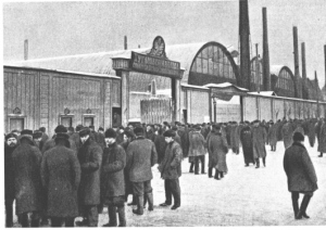 Workers outside the vast Putilov factories in St Petersburg.