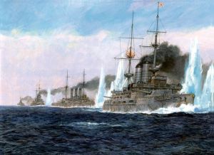 Depiction of the Japanese fleet at battle of Tshushima. The fleet was led by the British-built pre-dreadnought Mikasa.