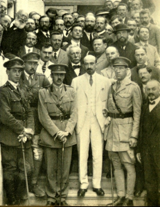 The Zionist Commission. Chaim Weizmann centre in white with Captain James de Rothschild to the right.