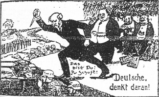 Erzberger became a target of hate. Here he is depicted in a cartoon, second figure standing, accused of stabbing the German army in the back.