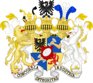 The Rothschild Coat of Arms indicating the five original strands of the family in London, Paris, Frankfurt, Vienna and Naples