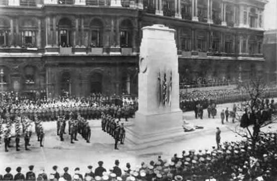 King George V unveiling the Cenotaph in Whitehall, London on 11 November, 1920.