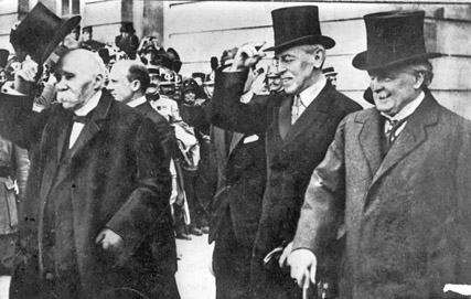 Presidents Clemenceau, Wilson and Prime Minister Lloyd George pleased with their Versailles triumph.
