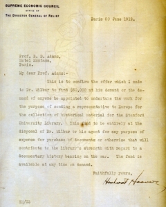 Letter from Hoover to Adams committing 50,000 dollars to finance the theft of documents form Europe.